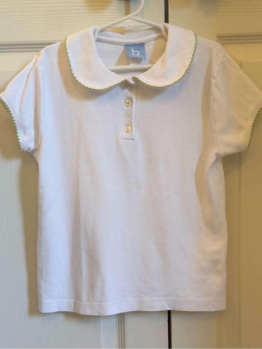 EUC bella bliss Girls Pima White Polo with Green Trim Peter Pan Collar size 7